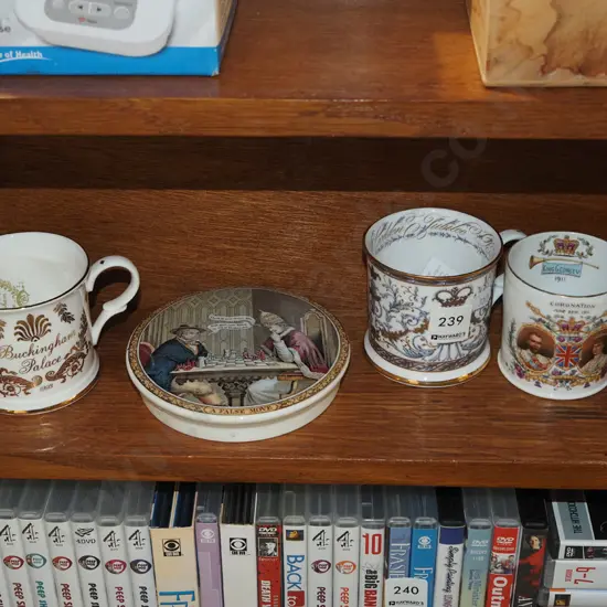 3x royal memorabilia cups, decorative reproduction pot lid