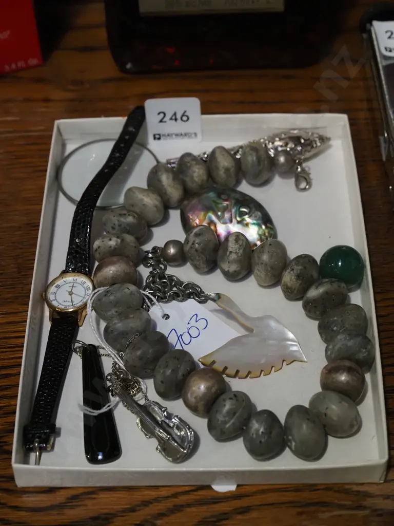 tray; magnifying glass, beaded necklace, watch etc Image 1++