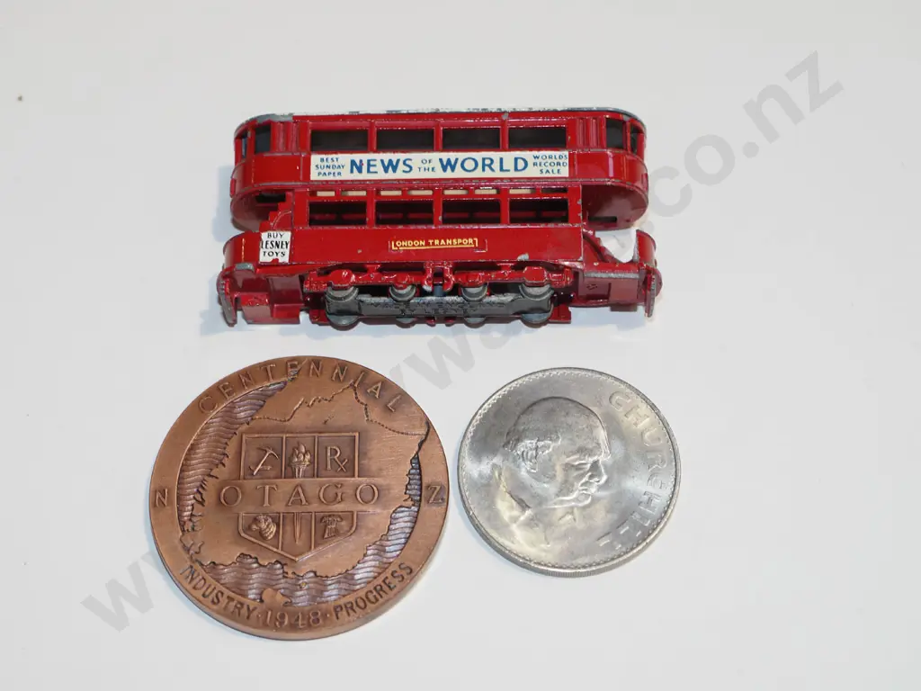 Lesney double decker bus, Otago Centennial and Churchill medallions Image 1++