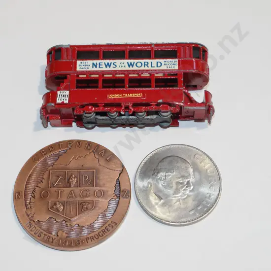 Lesney double decker bus, Otago Centennial and Churchill medallions