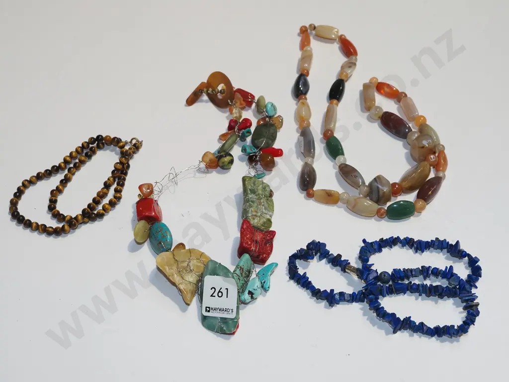 4x necklaces; blue lapis lazuli, brown tigers eye etc Image 1++