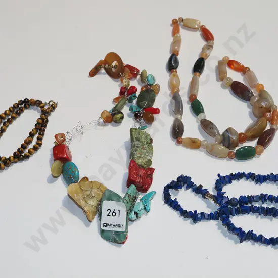 4x necklaces; blue lapis lazuli, brown tigers eye etc