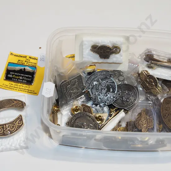 container of motorcycle rally pin badges
