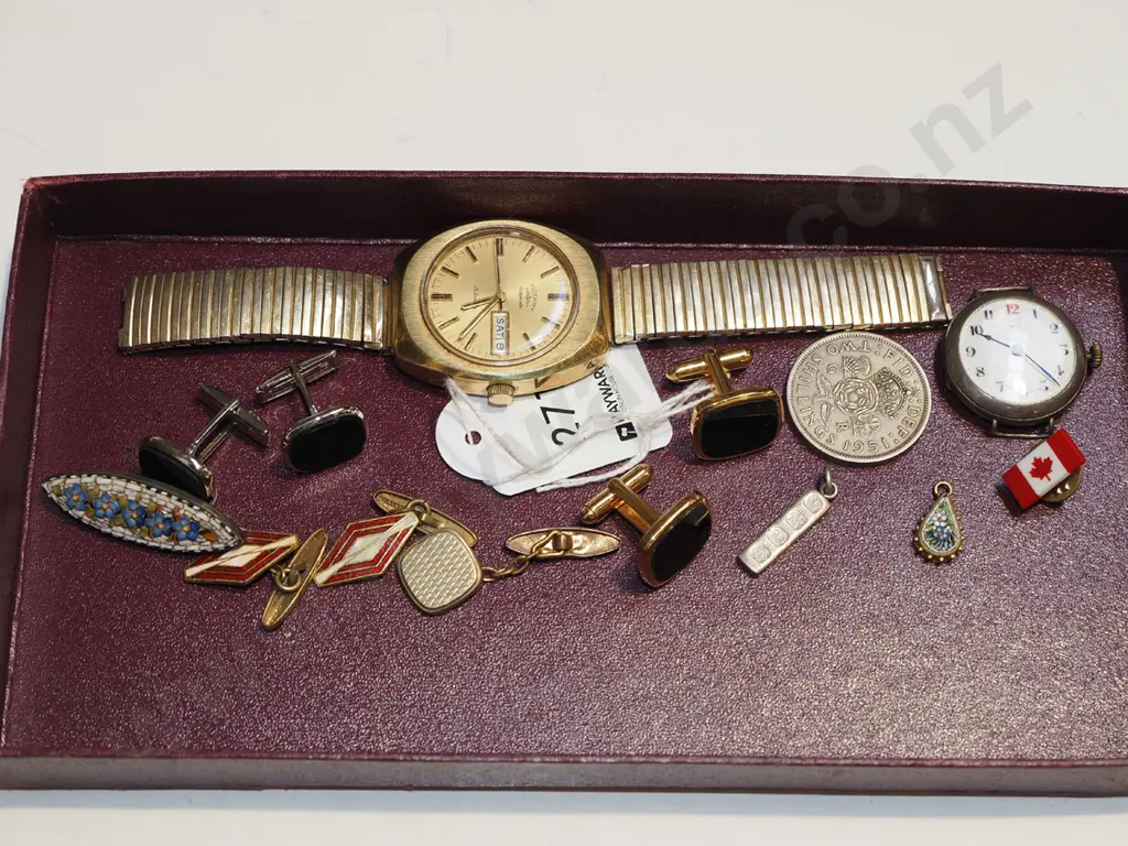 tray; ladies silver watch with enamel dial and no strap, silver ingot pendant,cufflinks etc  Image 1++