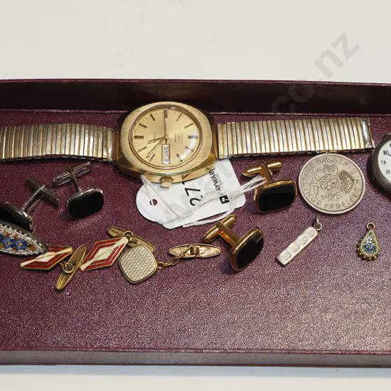 tray; ladies silver watch with enamel dial and no strap, silver ingot pendant,cufflinks etc 