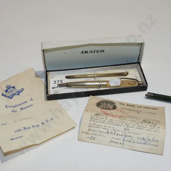 cased pen & pencil set & sterling silver greenstone brooch