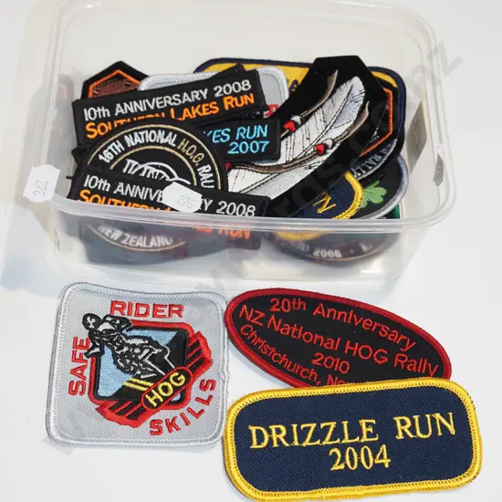 tray of motorcycle sew on badges