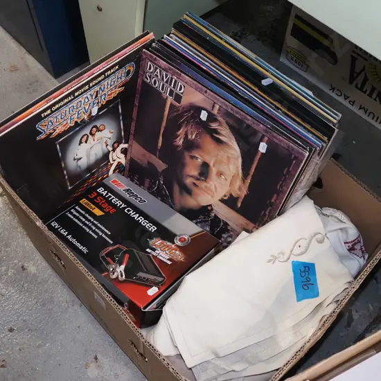box; hand worked linen, 3 stage battery charger, LPs