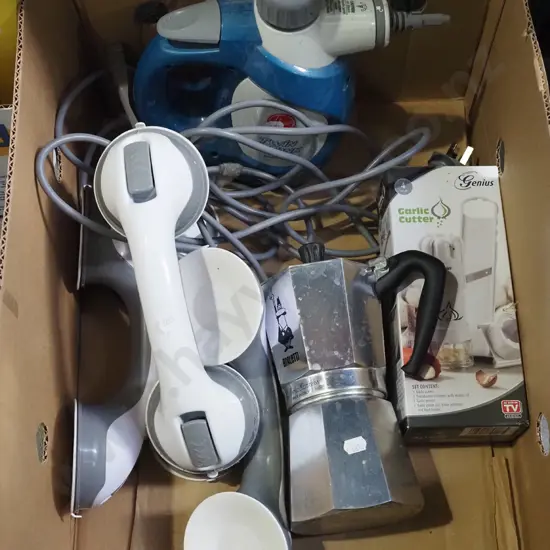 box; suction cup handles, stove top espresso, garlic crusher etc