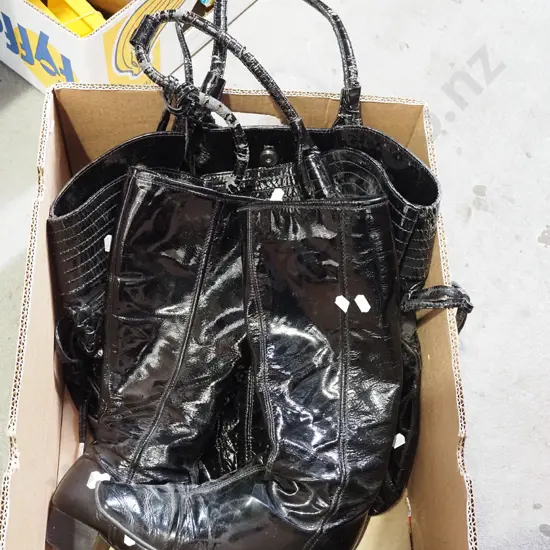 box; ladies boots, hand bags -some damage to hand bag