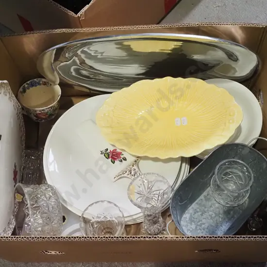 box; vases, white dinner plates, alloy tray etc