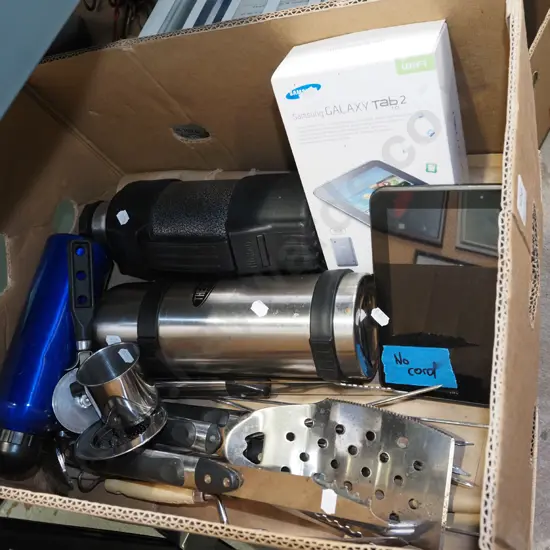 box; Samsung tablet - no cord, thermos, kitchen utensils etc