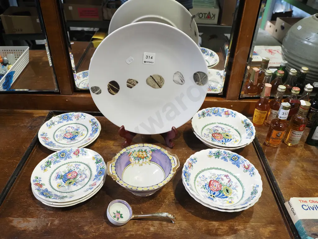 Masons saucers and bowls, Royal Doulton studio plate, 1x other bowl, spoon Image 1++