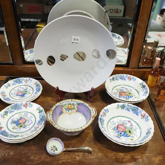 Masons saucers and bowls, Royal Doulton studio plate, 1x other bowl, spoon