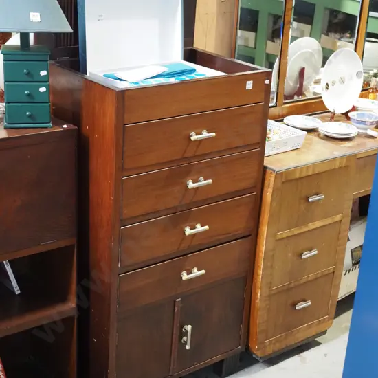 solid rimu chest with 2 doors, 4 drawers, lift up mirror top H1160 W620 D445