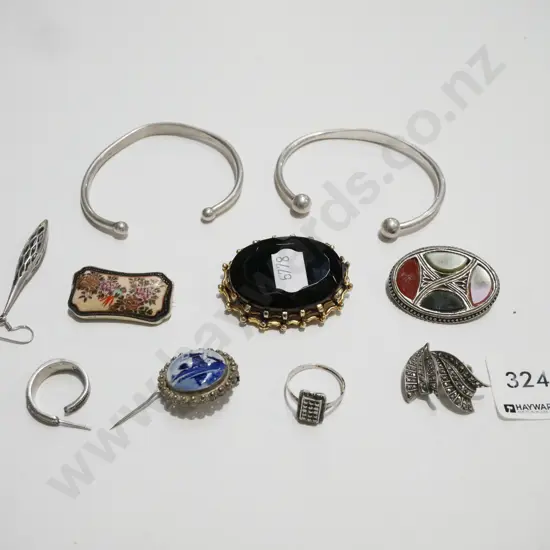 tray of costume jewellery; including 2x sterling slave bangles, marquisite items etc