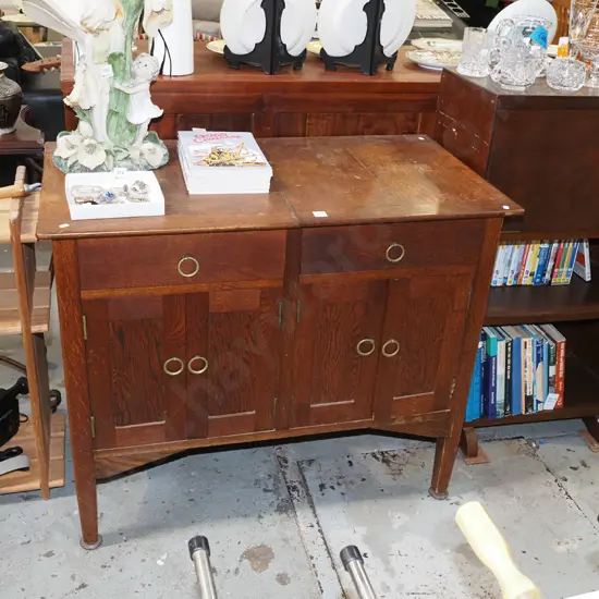 solid arts and crafts style gramophone cabinet - 2 drawesrs, 1 door, lift up top