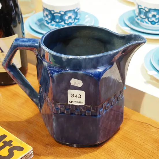 deco blue ceramic jug - has crack H170