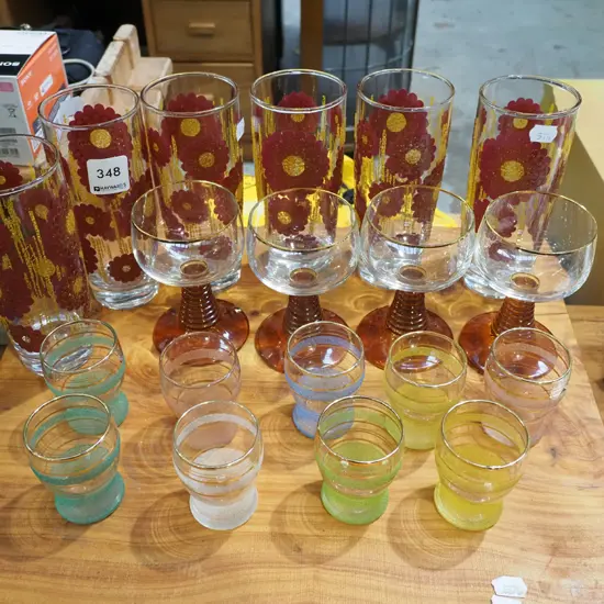 retro tumblers, wine glasses, shot glasses