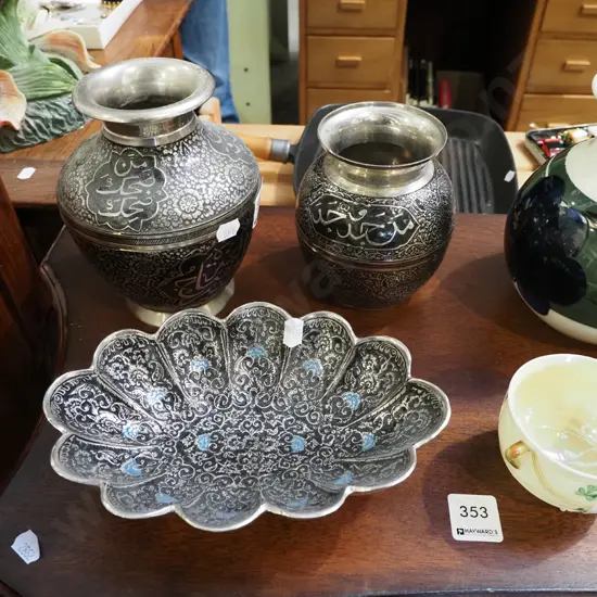 3x Arabic etched vases and bowls Tallest bowl H165