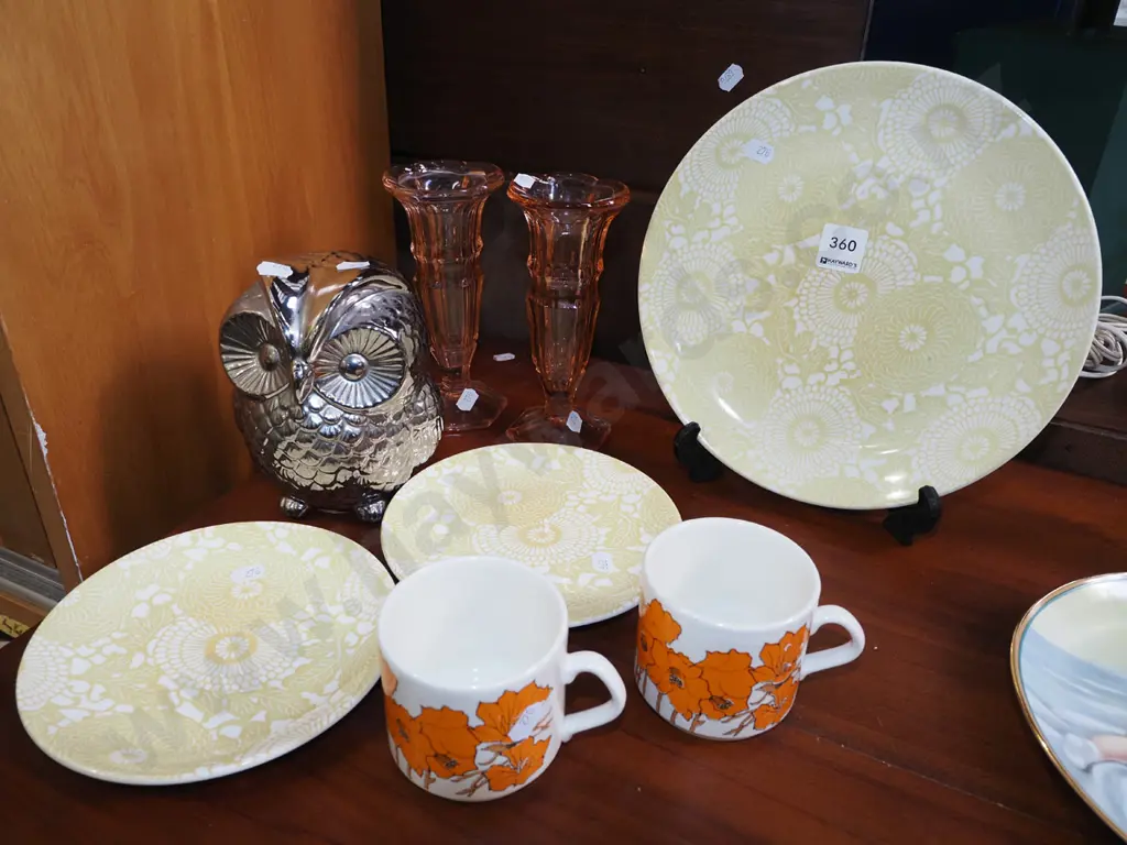 2x pink glass vases, Crown Lynn plates, cups, silver ceramic owl Image 1++