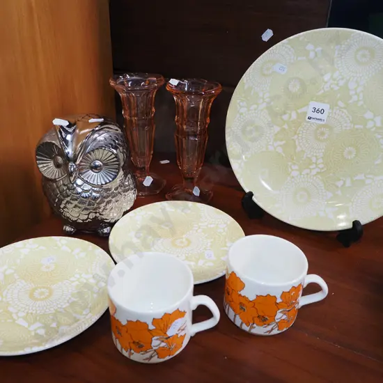 2x pink glass vases, Crown Lynn plates, cups, silver ceramic owl