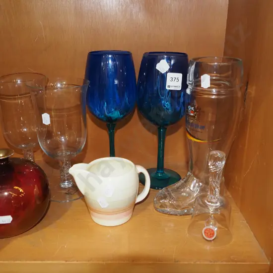 beer glass boot, wine glasses, vase, Susie Cooper jug etc Boot H230
