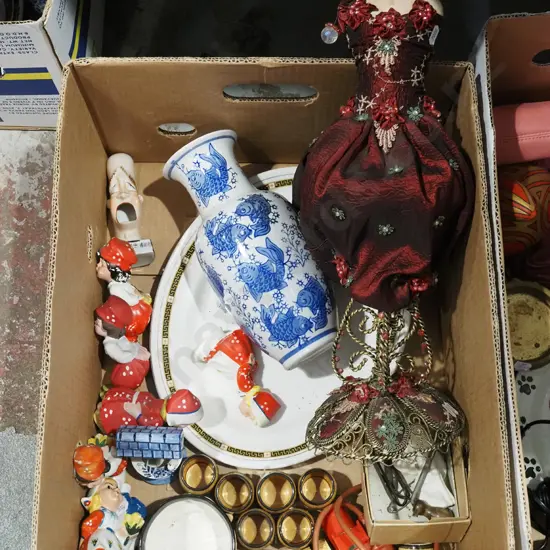 box; ashet, blue and white vase, small female mannequin jewellery stand etc