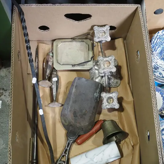 box; part fireside set, plated candelabra, brass bell etc