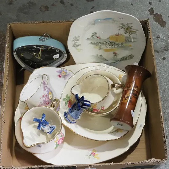 box; Chinese mid century alarm clock, bowls, jugs etc