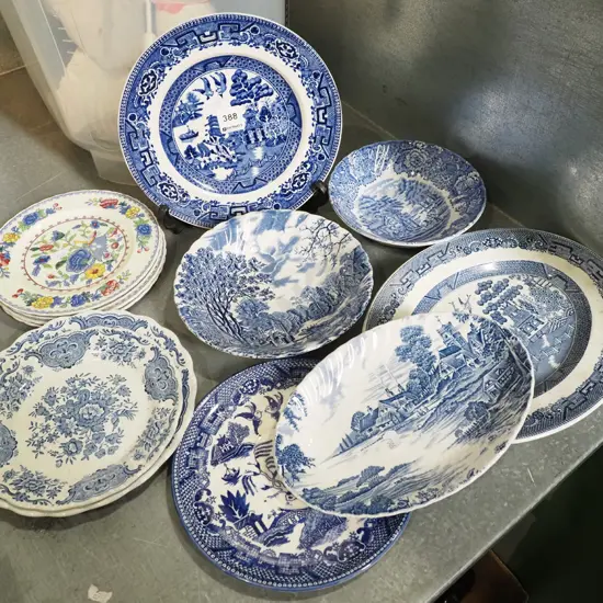blue and white bowls, plates and 4x Masons side plates