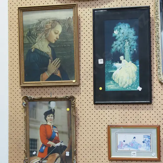 3x framed prints - Queen Elizabeth, woman praying, mother and child - yellow dots