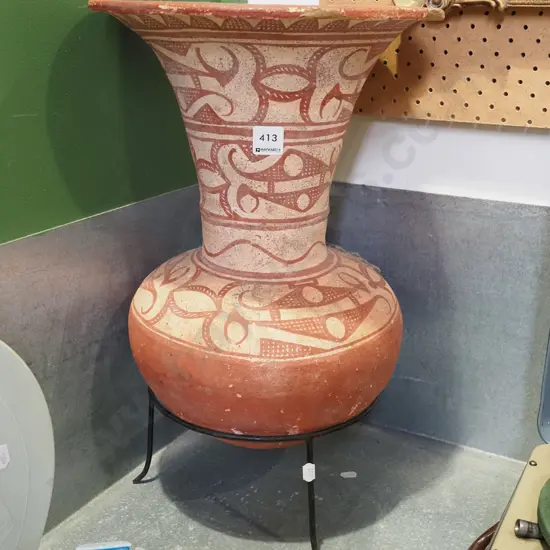 terracotta vase on metal stand - damage to rim H490