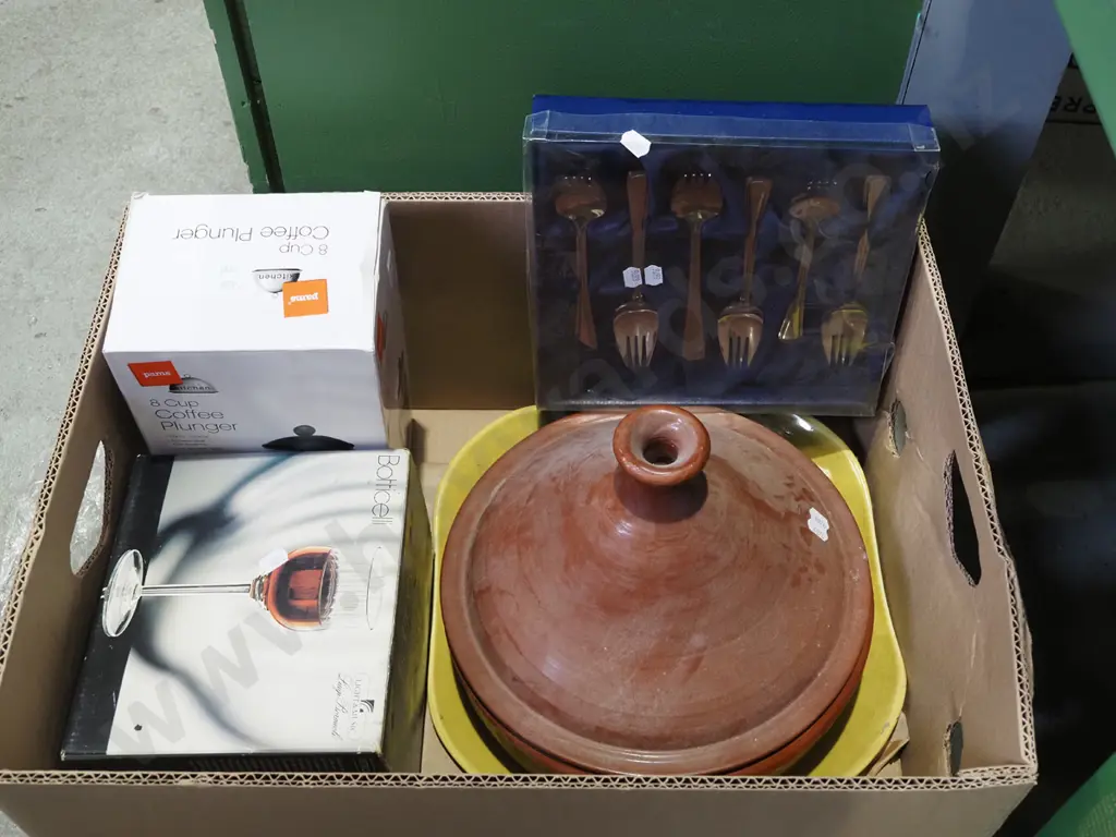 box; forks, coffee plunger, stemmed wine glasses, tangine Image 1++