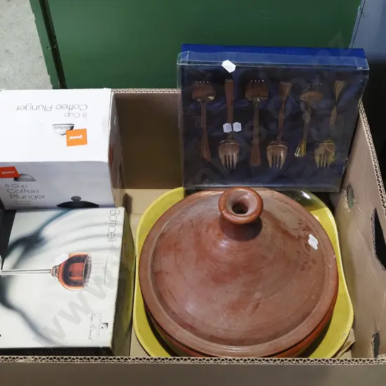box; forks, coffee plunger, stemmed wine glasses, tangine