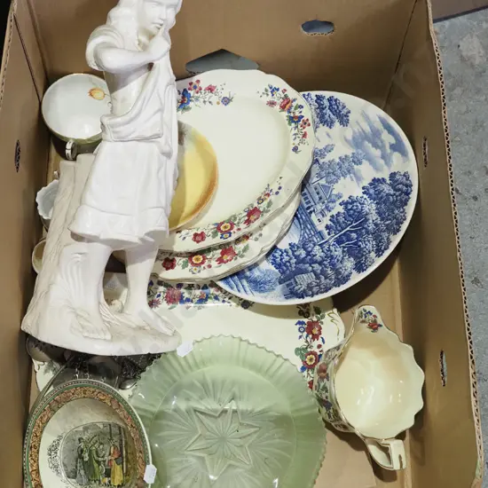 box; jugs, figurine, crucifix, plates etc