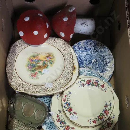 box; concrete mushroom garden ornaments, clothes brush etc