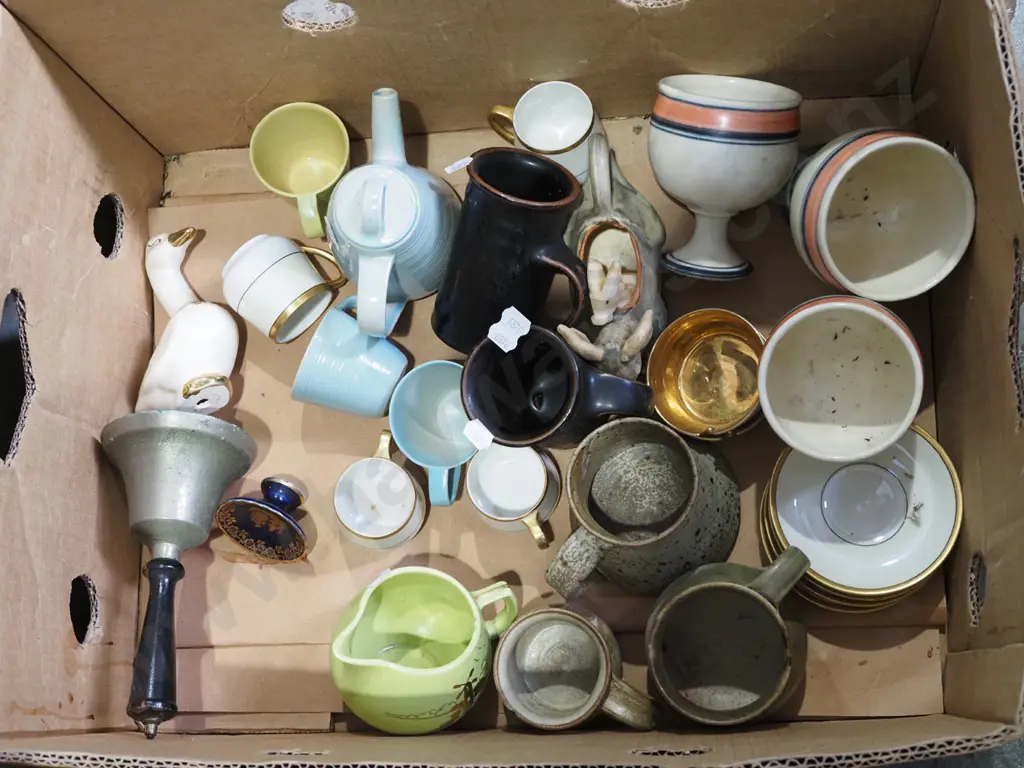 box; coffee cups, small teapot, jugs, bell etc Image 1++