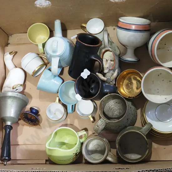 box; coffee cups, small teapot, jugs, bell etc