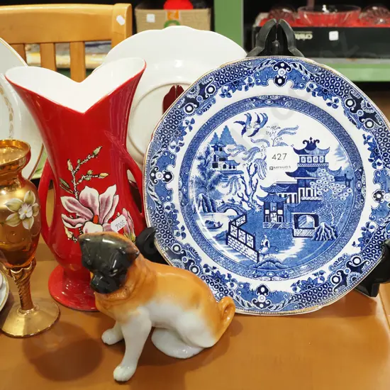 willow pattern plate, Royal Winton jug - crack, Italian vase etc