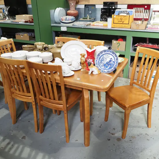 solid wood extending dining table with 6 matching chairs H750 W1430 D880