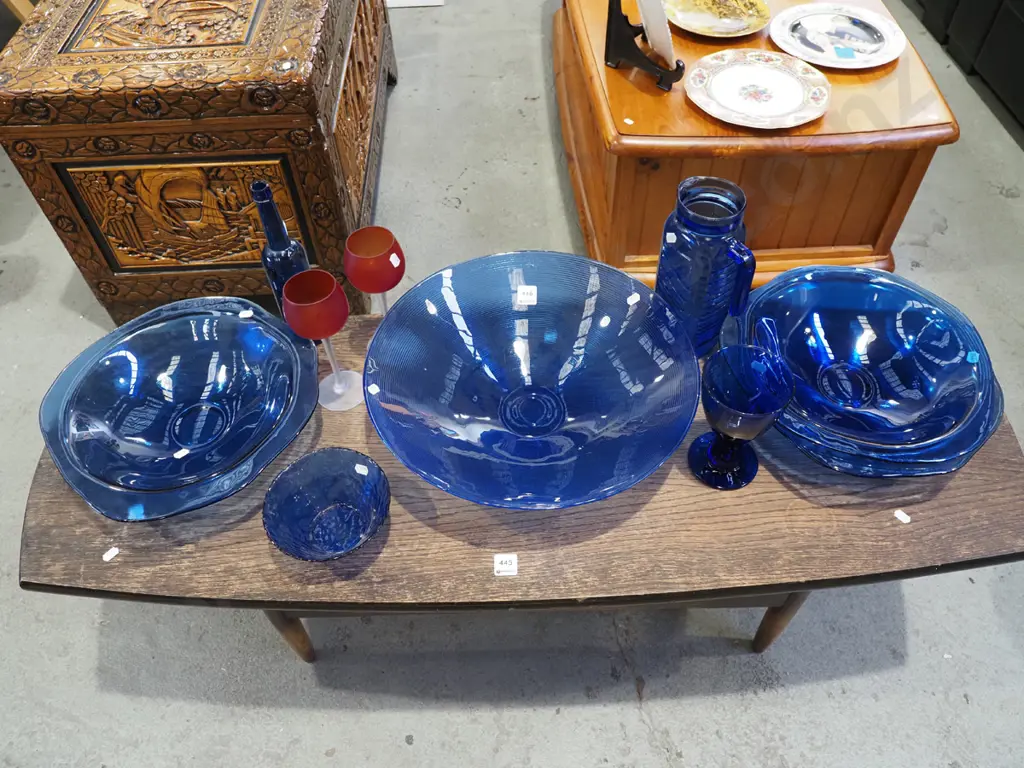 assorted blue glass bowls, water jug, bottle etc Largest bowl Diam390 Image 1++