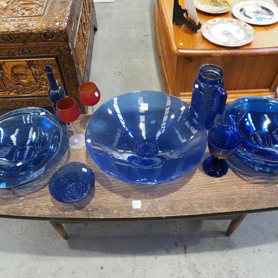 assorted blue glass bowls, water jug, bottle etc Largest bowl Diam390
