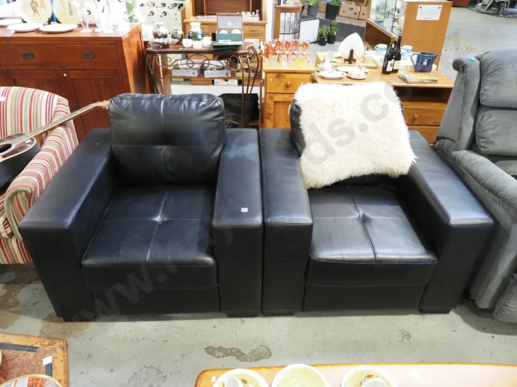 2x black vinyl upholstered armchairs - need a clean - light scratching Image 1++