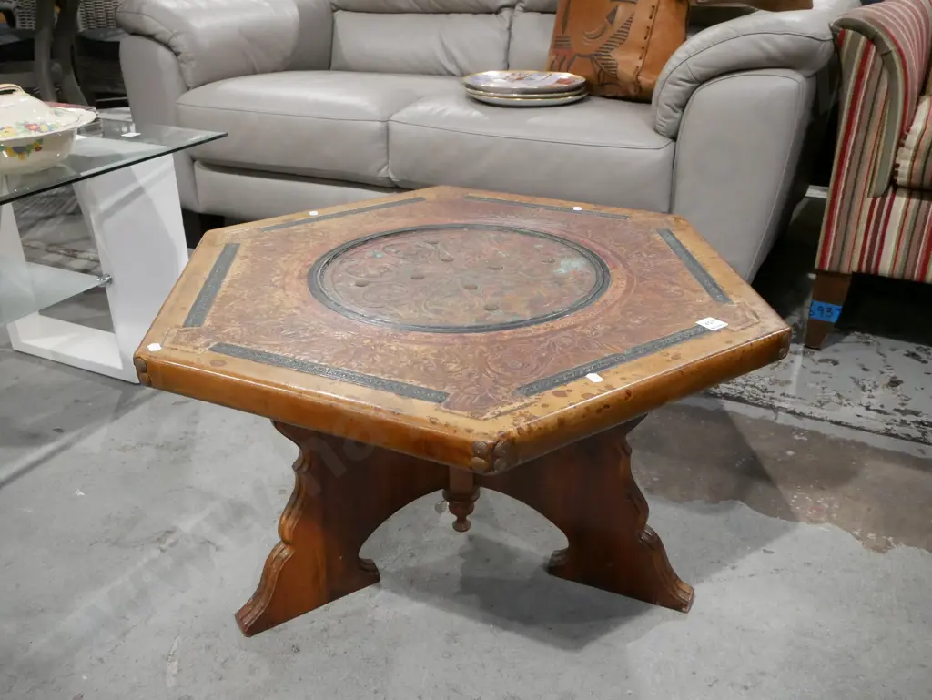 hexagonal pedestal coffee/end table with tooled leather top  - some staining to leather Image 1++