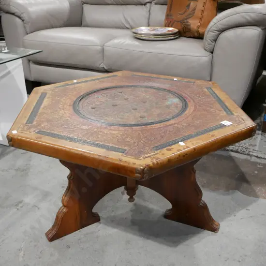 hexagonal pedestal coffee/end table with tooled leather top  - some staining to leather