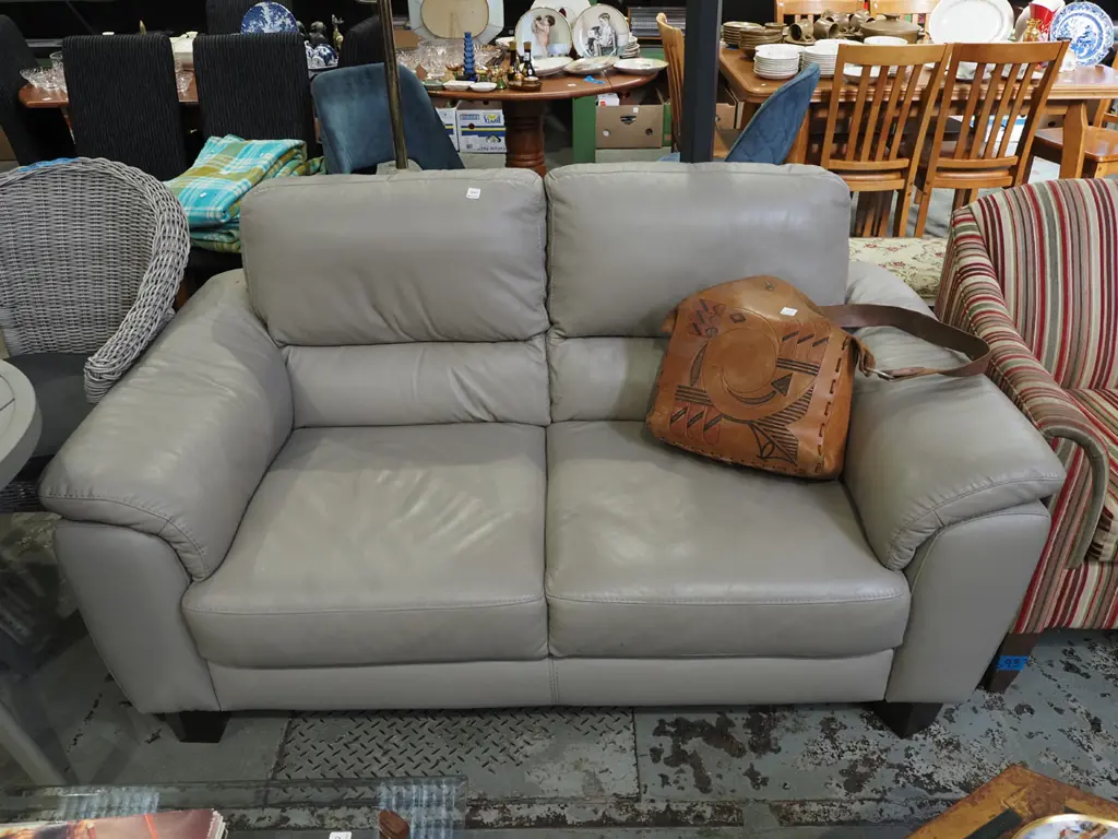 grey leather modern 2 seater settee Image 1++