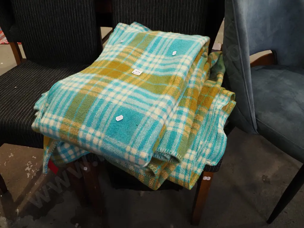 2x blue, green and white checked woollen blankets Image 1++