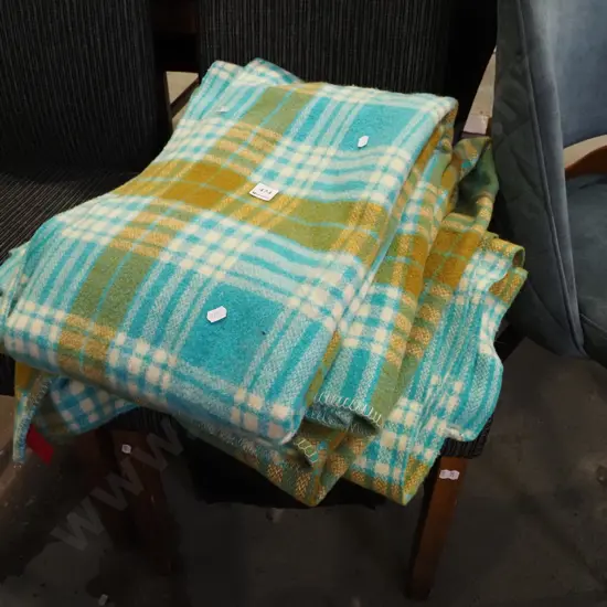 2x blue, green and white checked woollen blankets