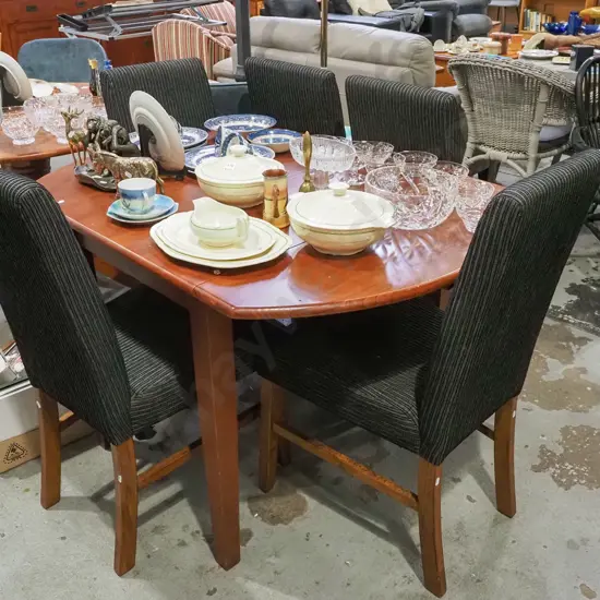 solid wood drop side extending dining table with 5 matching black upholstered high back chairs